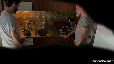My real step-grandpa caught me masturbating in his kitchen!