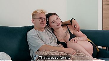 Hot Blonde Stepsister With Massive Tits Gives Her Stepbrother a Risky Handjob and Blowjob Under the Blanket Then Takes a Hard Doggy Creampie While His Girlfriend Watches the Movie Unaware
