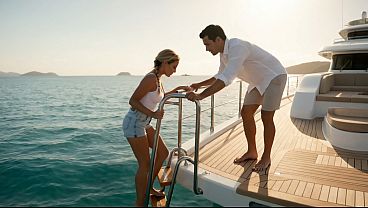 美しい金髪の若いアルゼンチン人女性が海岸沿いを航海し、豪華ヨットで億万長者と出会う - スペイン語のポルノ - スペイン語の音声 - AIポルノ