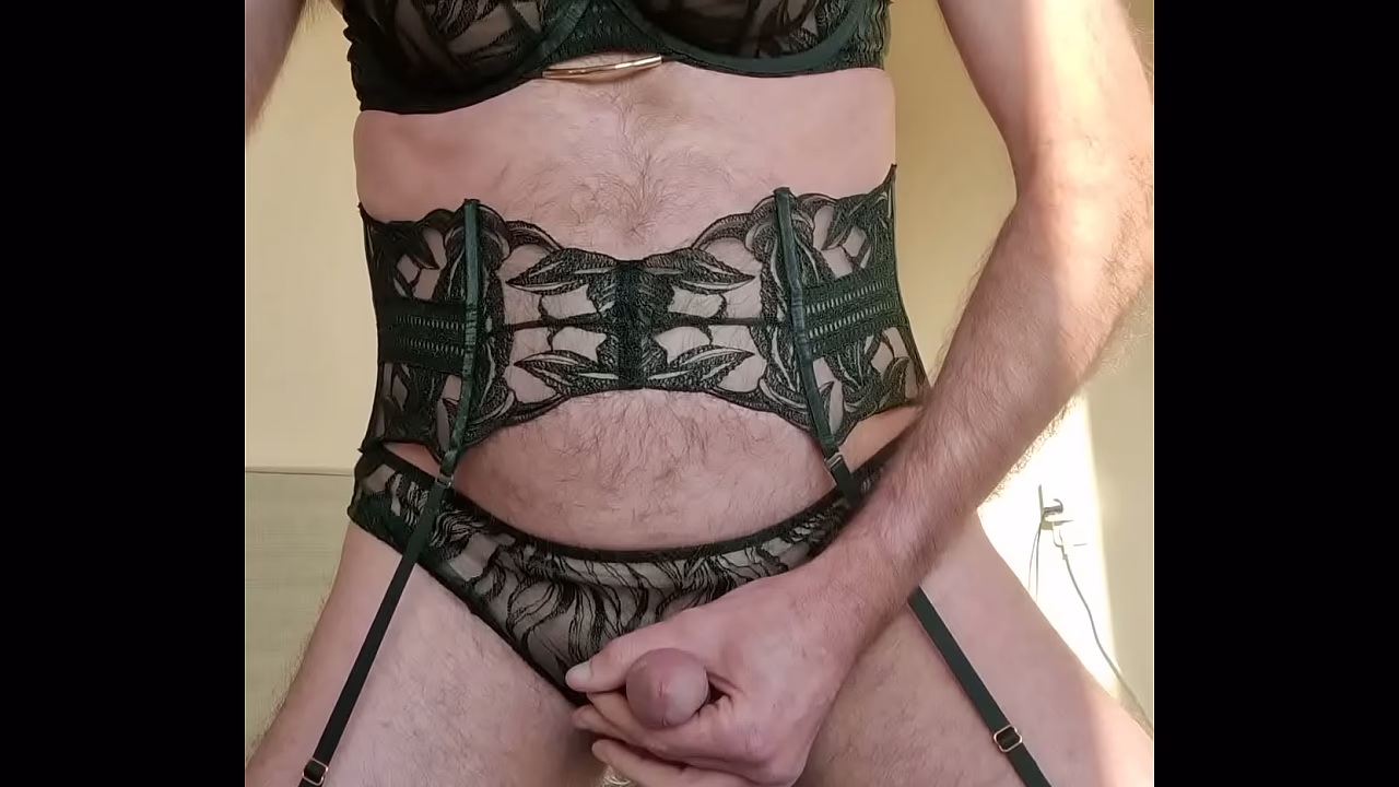 Crossdresser wearing Aubade Lingerie and jerks a load of cum on high heels