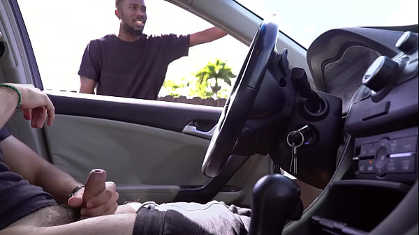 Black guy watches white guy jerk off in his car...