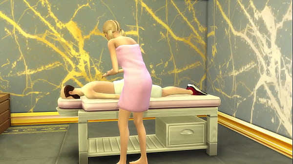 Hot Blonde stepdaughter gives her stepdad a massage in her new salon