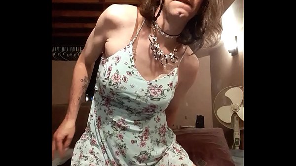 Sissy in a blue dress no panties