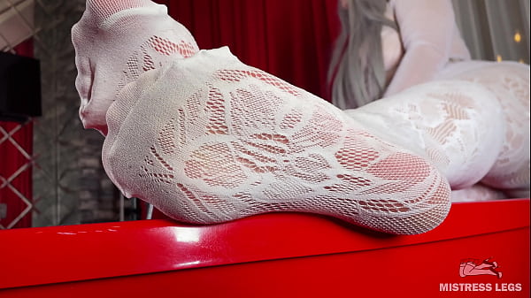 Mistress in white fishnet tights takes a bath and teases you with her ass and feet