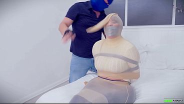 Brunette girl next door with huge boobs hogtied bound gagged with tape and totally helpless in her tight bondage BDSM pantyhose encasement EP 4