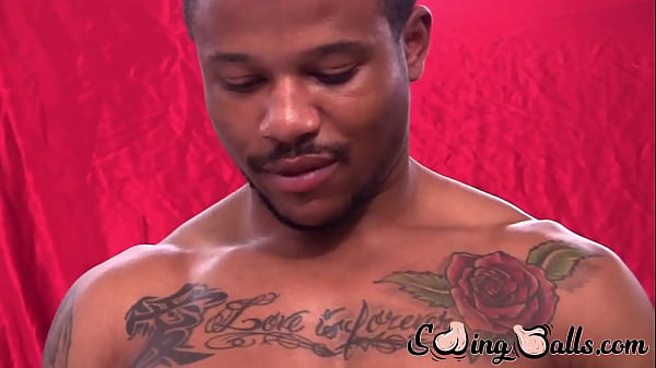 Ebony stud showing off balls and squriting out ...