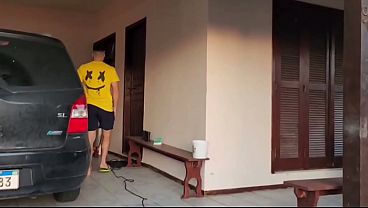 The cuckold was mowing the lawn while I was having sex with his friend at the window.