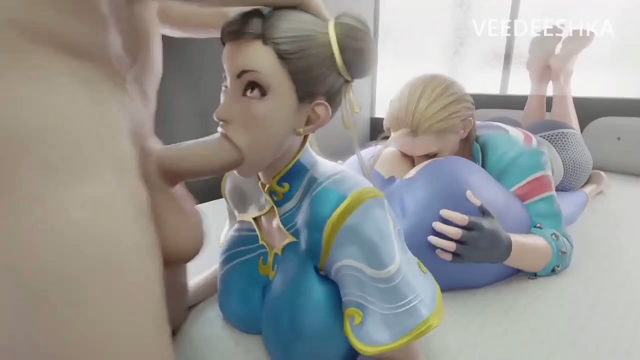 Chun-li sucks your cock while Cammy buries her mouth in your ass