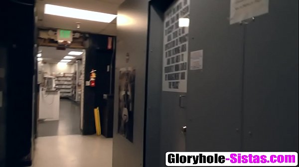 Stunning ebony babe Katt masturbates in gloryhole room then blows white cock