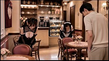 男たちの魂の安息の地、隠れ家メイドカフェ。AI生成。
