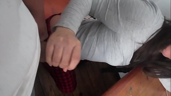 Stepsister doing homework and me masturbating behind her, we end up with great morning sex and her panties full of milk