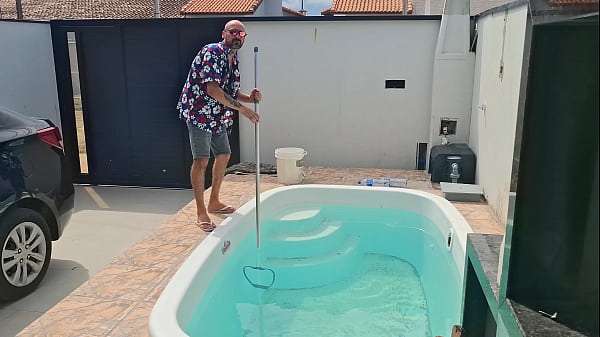 Cuckold with the pool man of the house sitting his ass on his wife's ass!