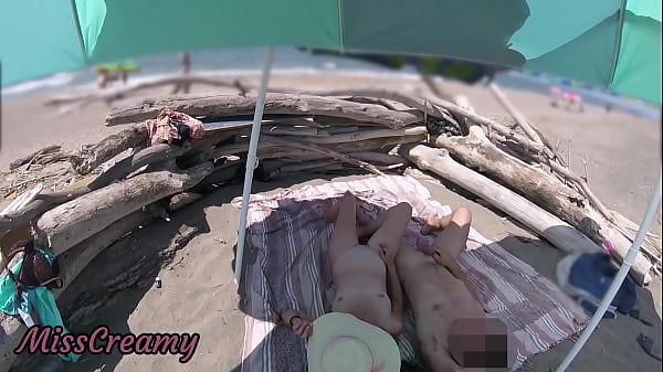 #2 Exhibitionist Wife Outdoor Amateur Milf Handjob Big Cock on Nudity Beach public in front of voyeur with cumshot - MissCreamy