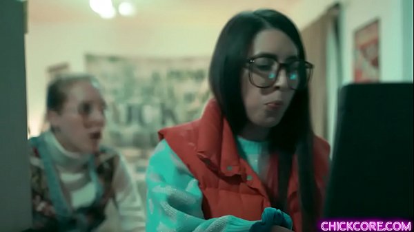 Nerdy lesbian teens Cadence Lux and Serena Blair experimented a virtual 3D creation that came to life and started a hot lesbian threesome with her.