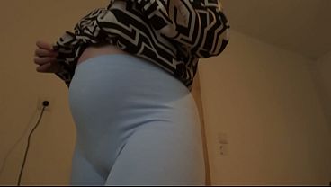 Indian Pregnant Stepsister in blue leggings doing camel toe pussy and playing with her pussy then pulls the pants into her pussy and into her big ass then takes them off and masturbates till orgasm