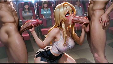 5on1 Gangbang Public Cinema Sex with a Busty Blonde Hardcore with Squirt and Double Penetration - Hentai - AI Generation
