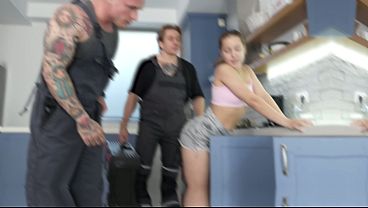 Horny Housewife Nicole Murkovski Sucks Two Plumbers Then Takes Them in Both Holes