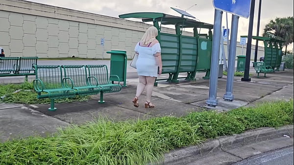 Mature hijab Milf masturbating with big dildo publicly outdoor at bus stop with cars passing by