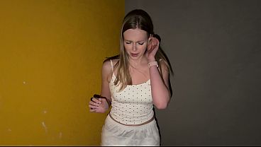 A young neighbor gives a blowjob in the entrance hall for money and has rough sex