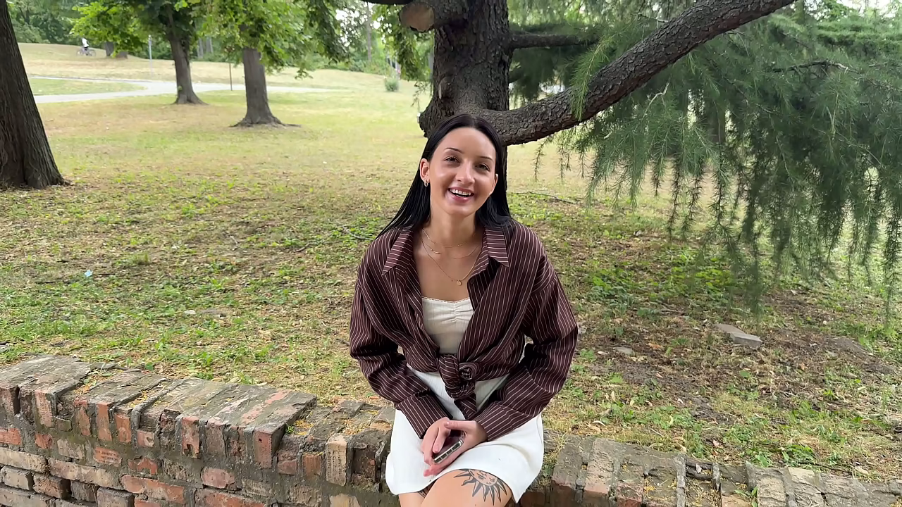 Stranger babe in park drops to knees for cock then gets pounded