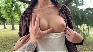 Stranger babe in park drops to knees for cock then gets pounded