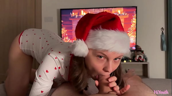 Gentle New Year's blowjob and sex with a cute real girl