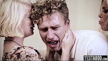 Big tits MILF stepmom convinces stepson and teen GF for threesome