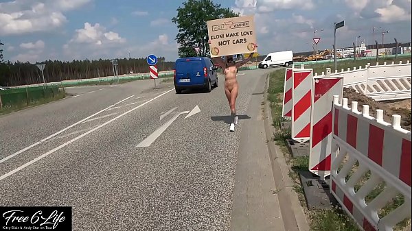 Nude protest in front of Tesla Gigafactory Berlin Pornshooting against Elon Musk