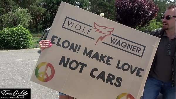 Nude protest in front of Tesla Gigafactory Berlin Pornshooting against Elon Musk