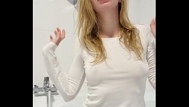 Horny petite babe tries out new dildo and gets huge squirt in bathroom