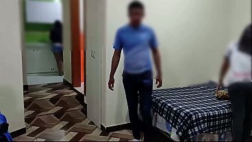 My wife's cuckold starts cleaning the house while my neighbor and I are on the other side having sex before she knows it