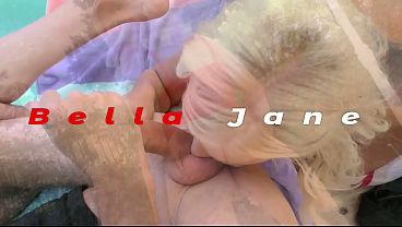 18  blonde teen in red top and socks gives older stepdad a deep throat blowjob by the pool before getting fucked hard.