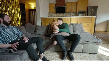 Redheaded slut in heels enjoys fucking another while the cuckold jerks himself off