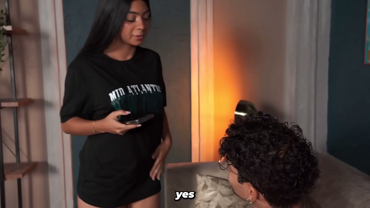 Stepbrother accidentally shows his penis to his slim stepsister, and she wants to see it.