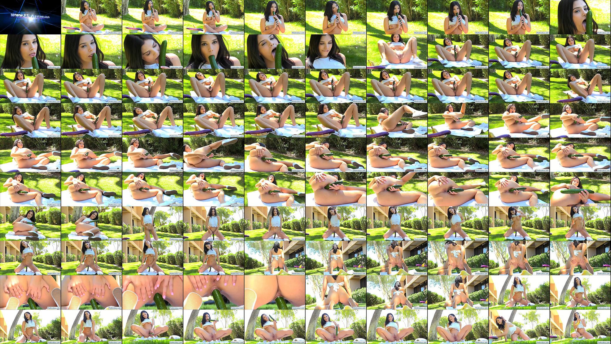 Brunette busty girl fuck her pussy with cucumber outdoors 预览图