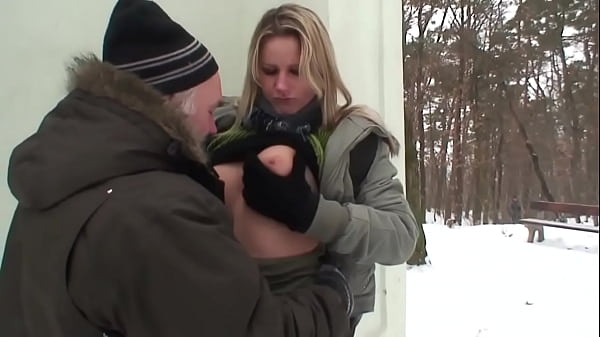 Download Video - Horny blonde with perfect tits lets her shaved pussy fuck outdoor by old man with hard cock