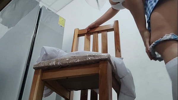 A female student in a short skirt starts a strange and sexual game. She's in her chair at home, masturbating her vaginal hole with a dildo. She enjoys it like a whore.