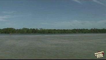 Slippery wet outdoor river cowgirl anal sex is made trickier with double penetration threesome inclusion.