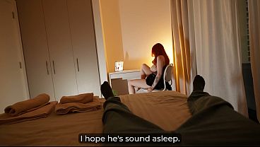 Horny redhead stepmom shares king bed with stepson and rides his dick