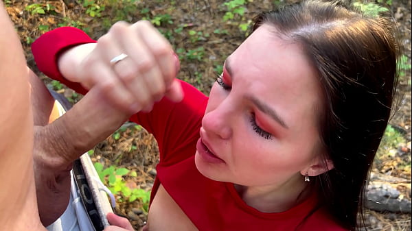 Passionate sex with a lustful wife in the autumn forest and cum on the face