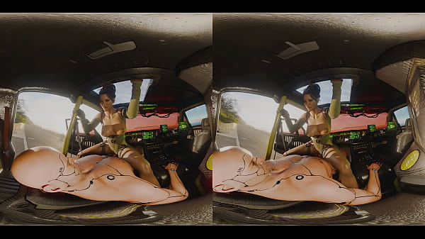 Panam Palmer excited to get her ride back - Cyberpunk 2077 outdoors cowgirl position eye contact 3D CGI render