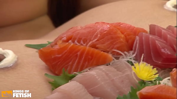 More men eat food from a Japanese girl body before playing with her bush