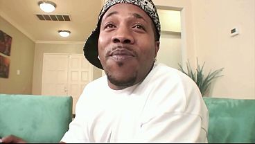 Hot white chick sandwiched by 2 black dudes, one bbc in ass and one in mouth fmm black threesome