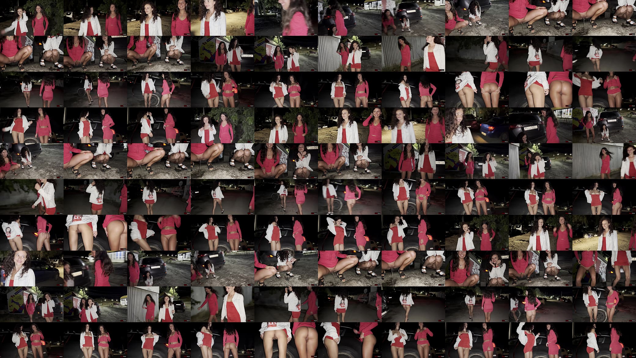 Two girlfriends pee together near a car in a public parking lot 预览图