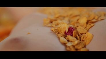 Tattooed Redhead Fucks Her Wet Cunt with Fingers in a Bed of Cereal