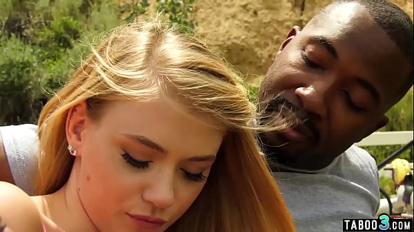 Petite blonde teen Hannah Hays moaning on stepdads big black cock outdoor