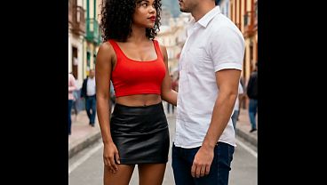 Brunette with big tits riding a young Colombian man's cock in her apartment - AI-generated content