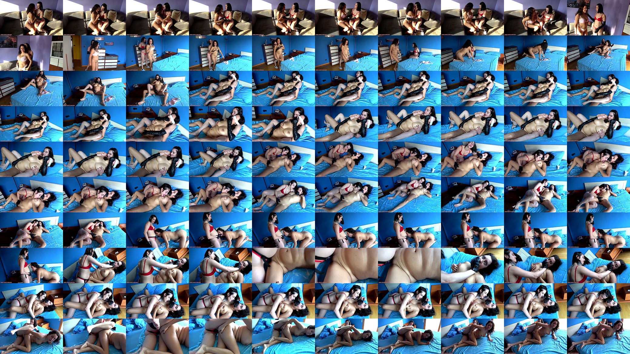 Scarlett and Susy Blue lesbian fingering strapon fucking hand over mouth with leather gloves on - Trailer 预览图