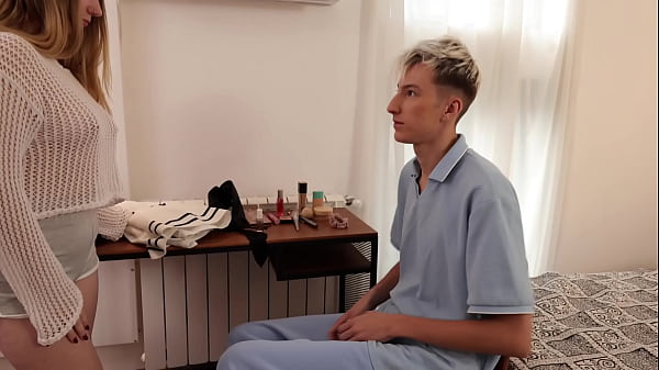 Stepdad fucked a cute femboy and his stepdaughter and cummed on her pussy