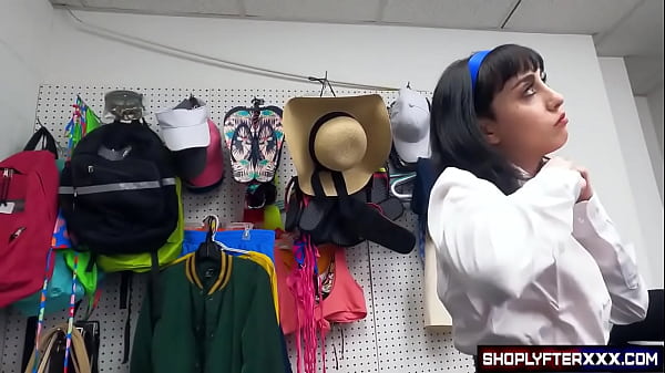 Hot shoplifter chick gets caught and to get out free she has to suck the security guard's cock which turns her on and she gets fucked ending up with a cumshot inside.